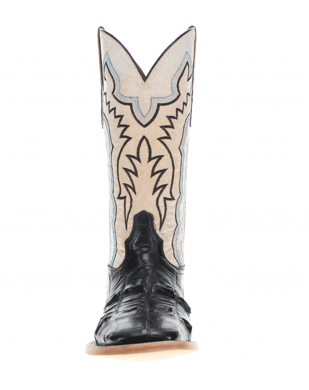 Headcut black American alligator leather cowboy boots with a broad square toe amde by Vaccari boots.