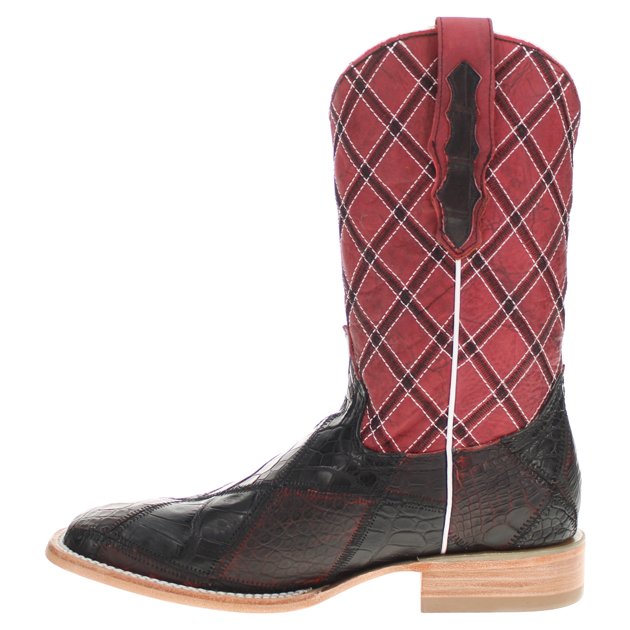 Men's Black Cherry Patchwork Alligator Belly Square Toe Cowboy Boots Boone by Vaccari