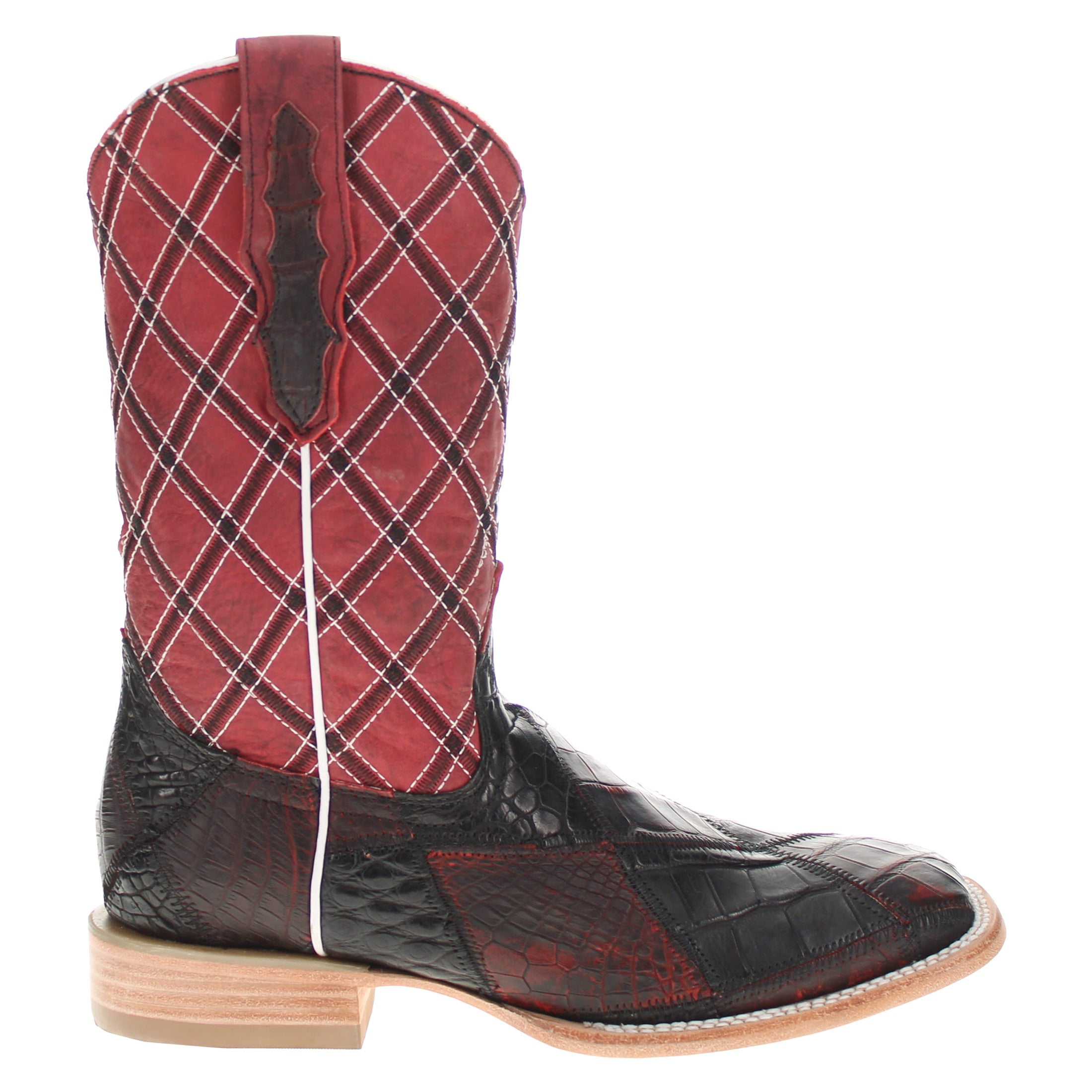Men's Black Cherry Patchwork Alligator Belly Square Toe Cowboy Boots Boone by Vaccari