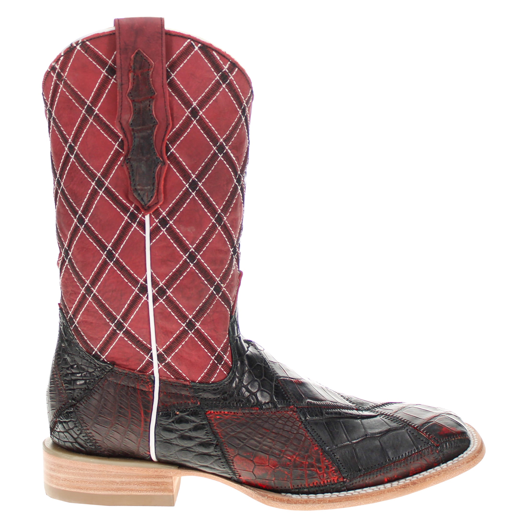 Men's Black Cherry Patchwork Alligator Belly Square Toe Cowboy Boots Boone by Vaccari
