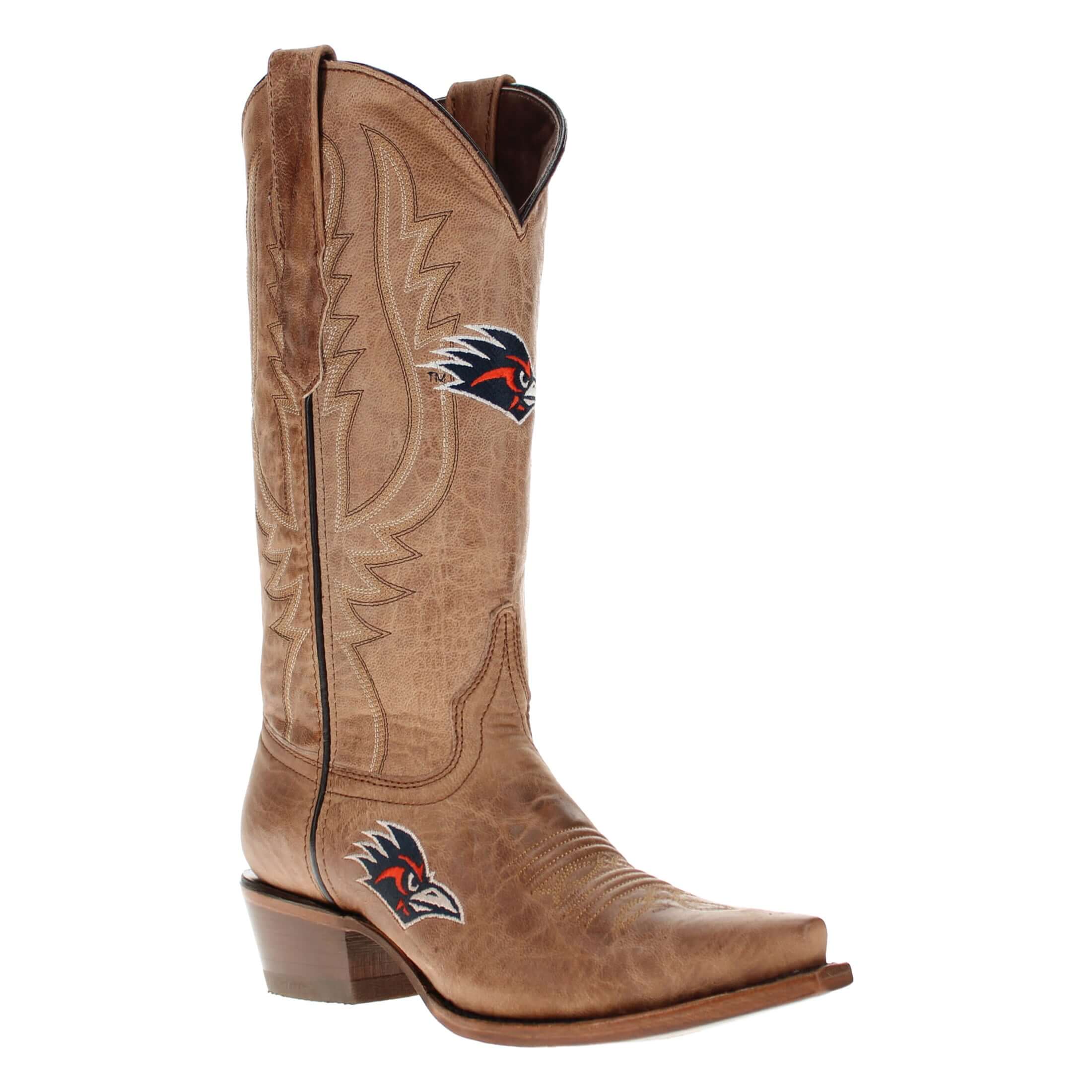 Women's University of Texas at San Antonio UTSA Roadrunners Tan Leather Snip Toe Cowgirl Boots by Vaccari