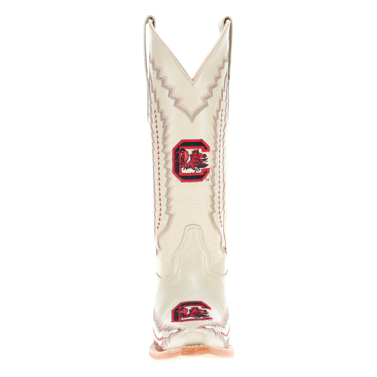 Back view cream cowboy boot with red emblem logos and stitched zigzag edges