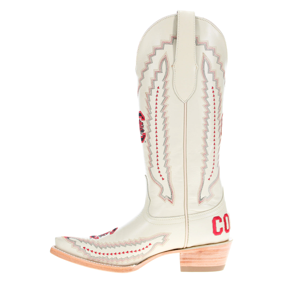 Cream cowboy boot showing tall shaft, vertical seam, and red embroidered trim