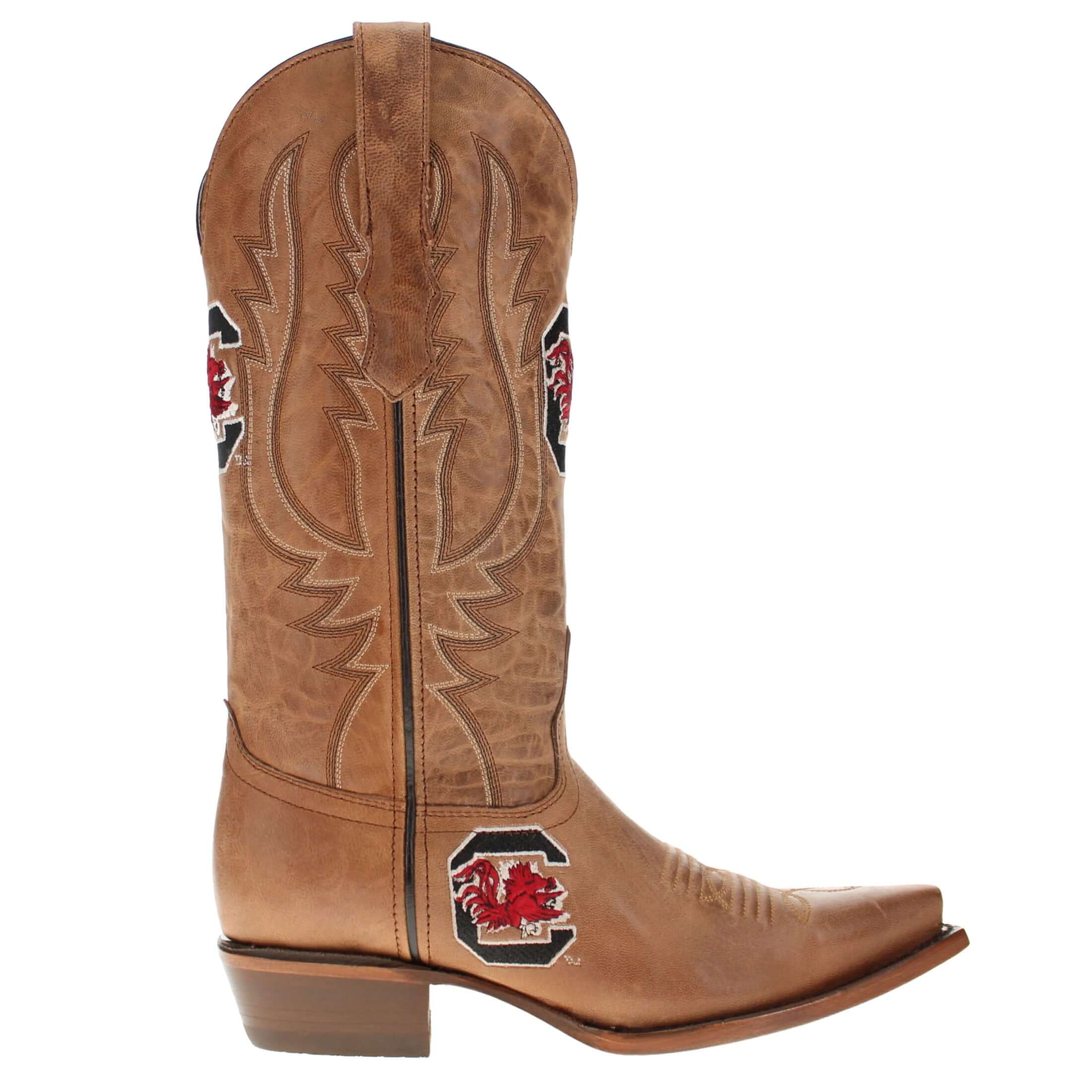 Women's University of South Carolina Gamecocks Tan Leather Snip Toe Cowgirl Boots by Vaccari