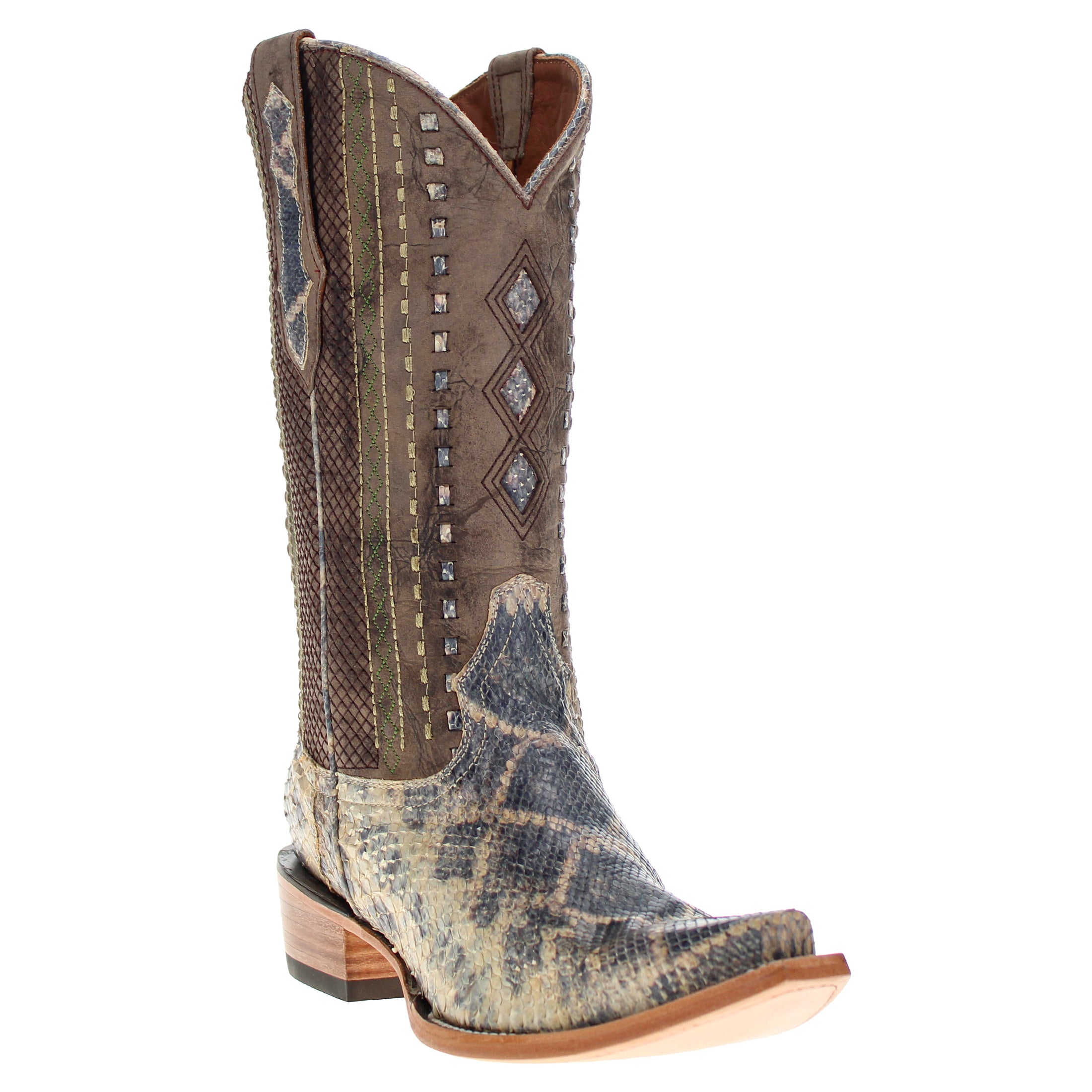 Men's Beige Python with Rattlesnake Overlay Snip Toe Cowboy Boots by Vaccari