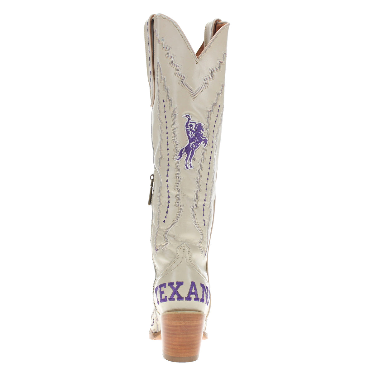 Cream tall cowboy boot with purple horse emblem and stacked block heel