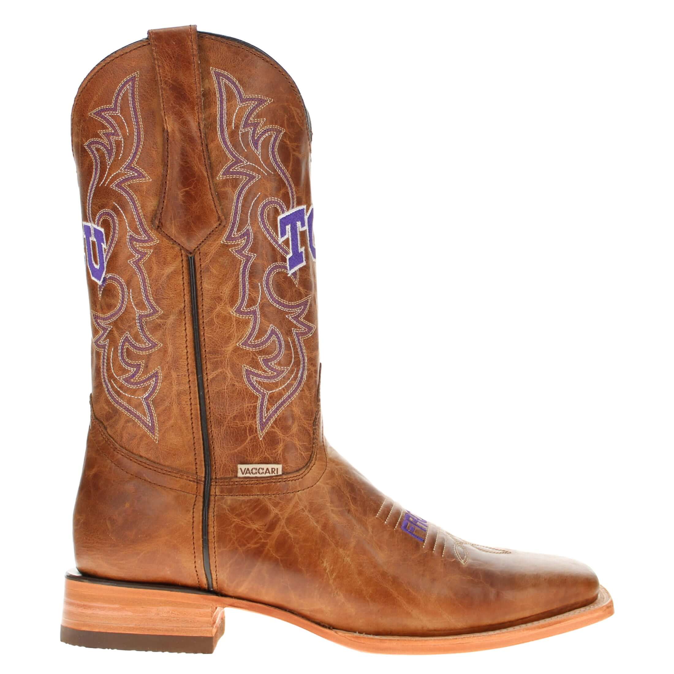 Men's TCU Horned Frogs Tan Leather Square Toe Cowboy Boots by Vaccari