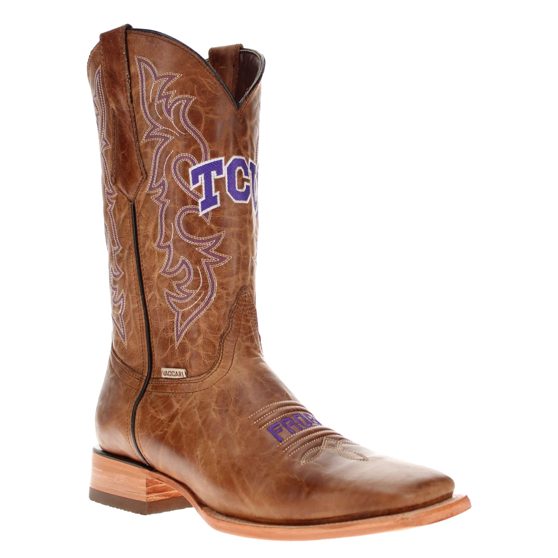 Men's TCU Horned Frogs Tan Leather Square Toe Cowboy Boots by Vaccari