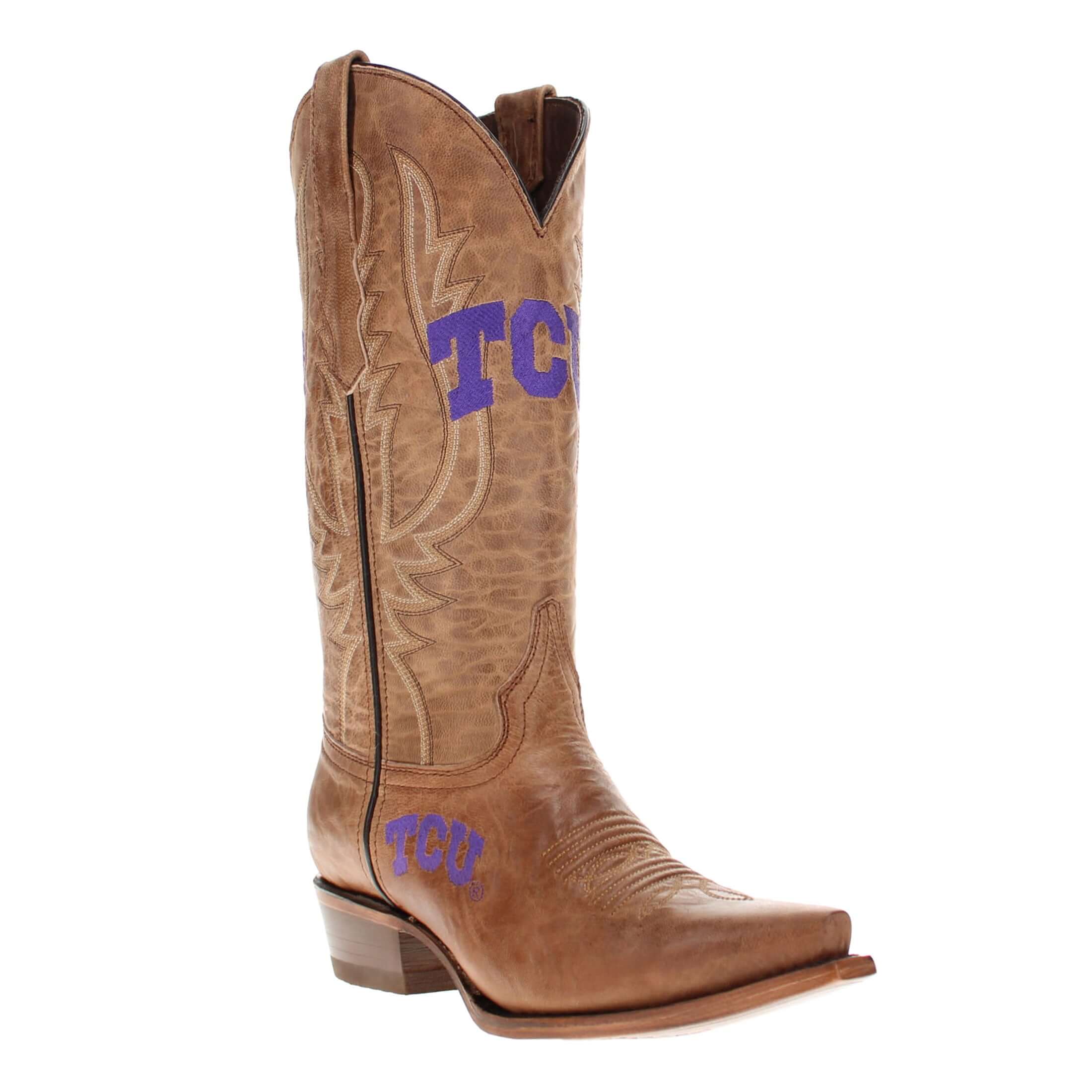 Women's TCU Horned Frogs Tan Leather Snip Toe Cowgirl Boots by Vaccari