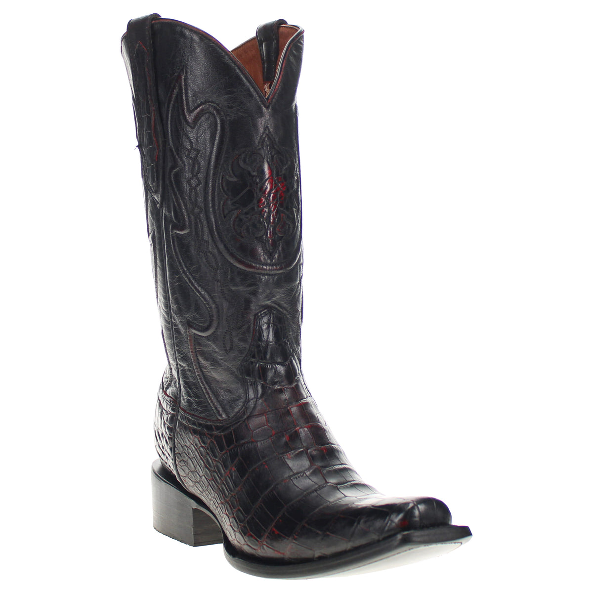 Black cowboy boot with pointed toe, stacked heel, and croc-style embossed pattern