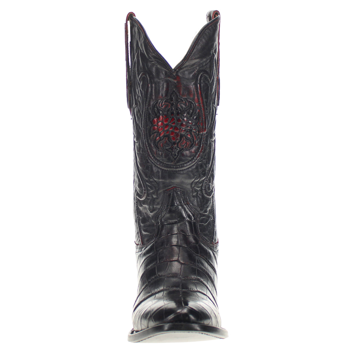 Black leather western cowboy boot with decorative red floral emblem at the front of shaft
