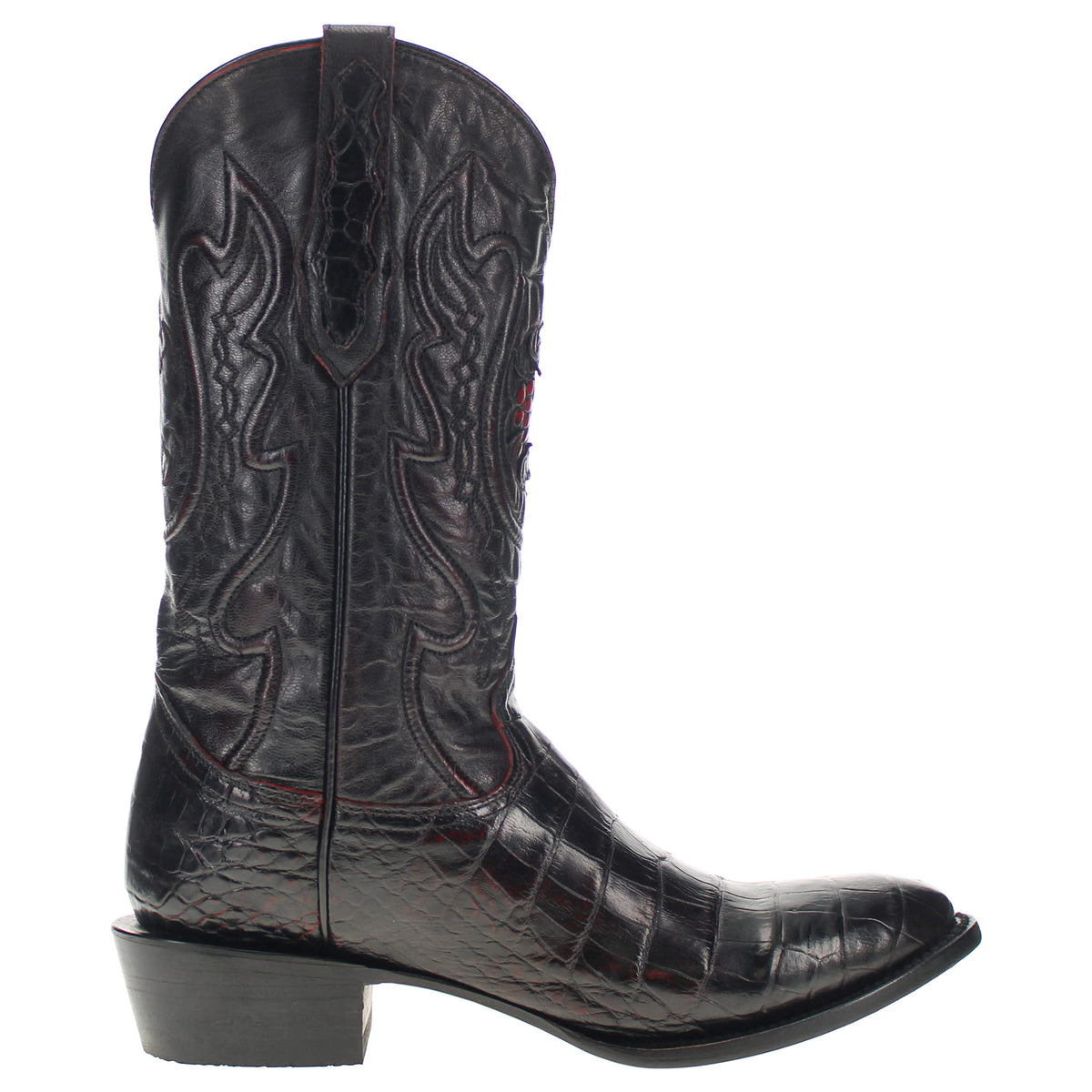 Black western boot shaft and heel with embossed swirl stitching and red accents