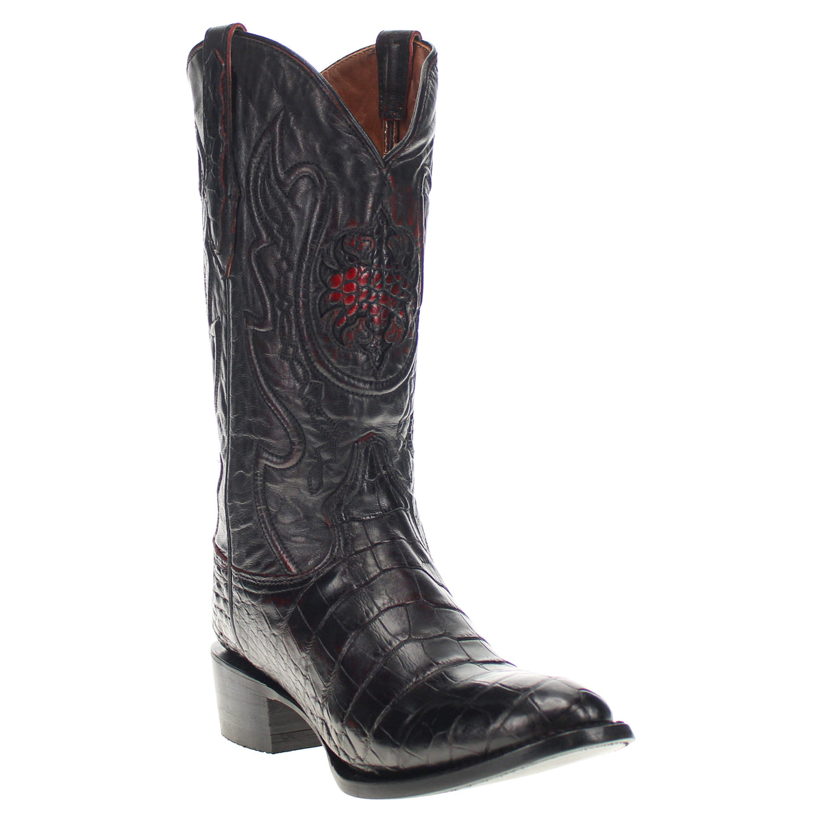 Black leather western boot with low stacked heel, crocodile-textured finish and red stitching