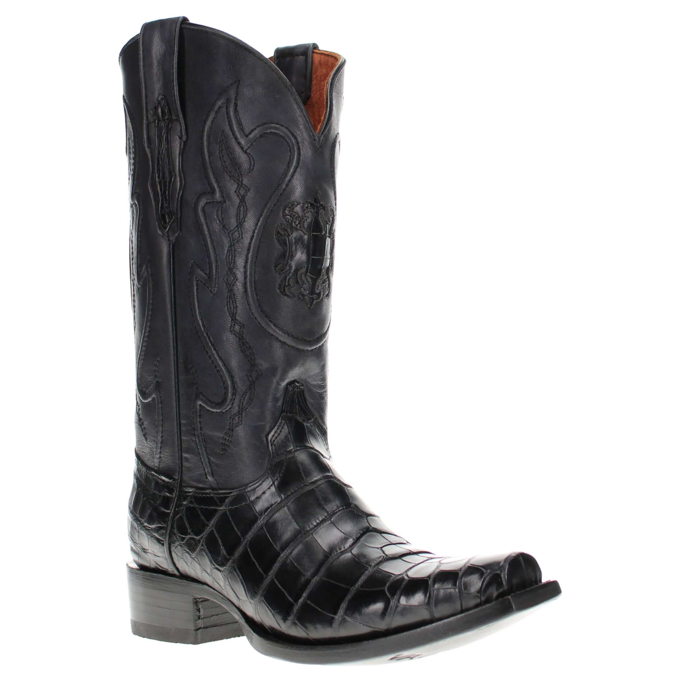 Pair of black alligator cowboy boots with caiman crocodile texture