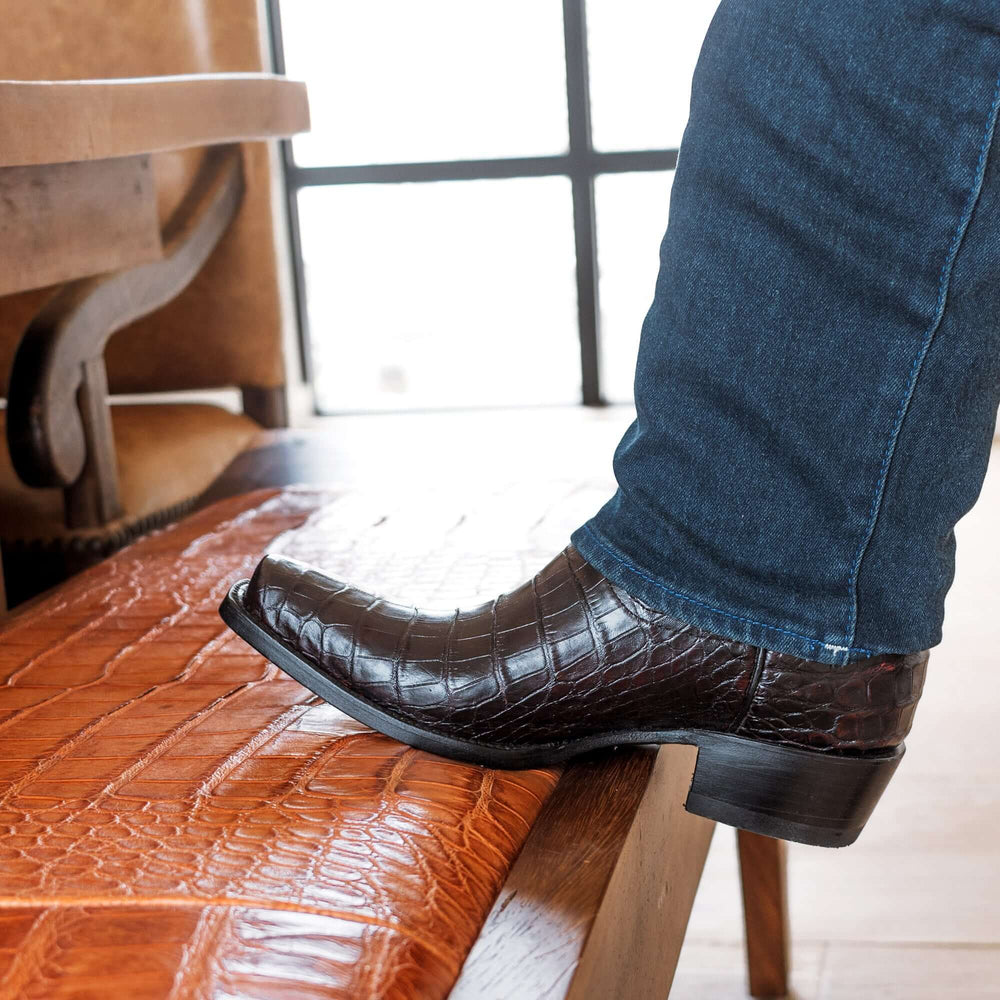 Black Cherry American alligator belly cowboy boots with a caiman texture