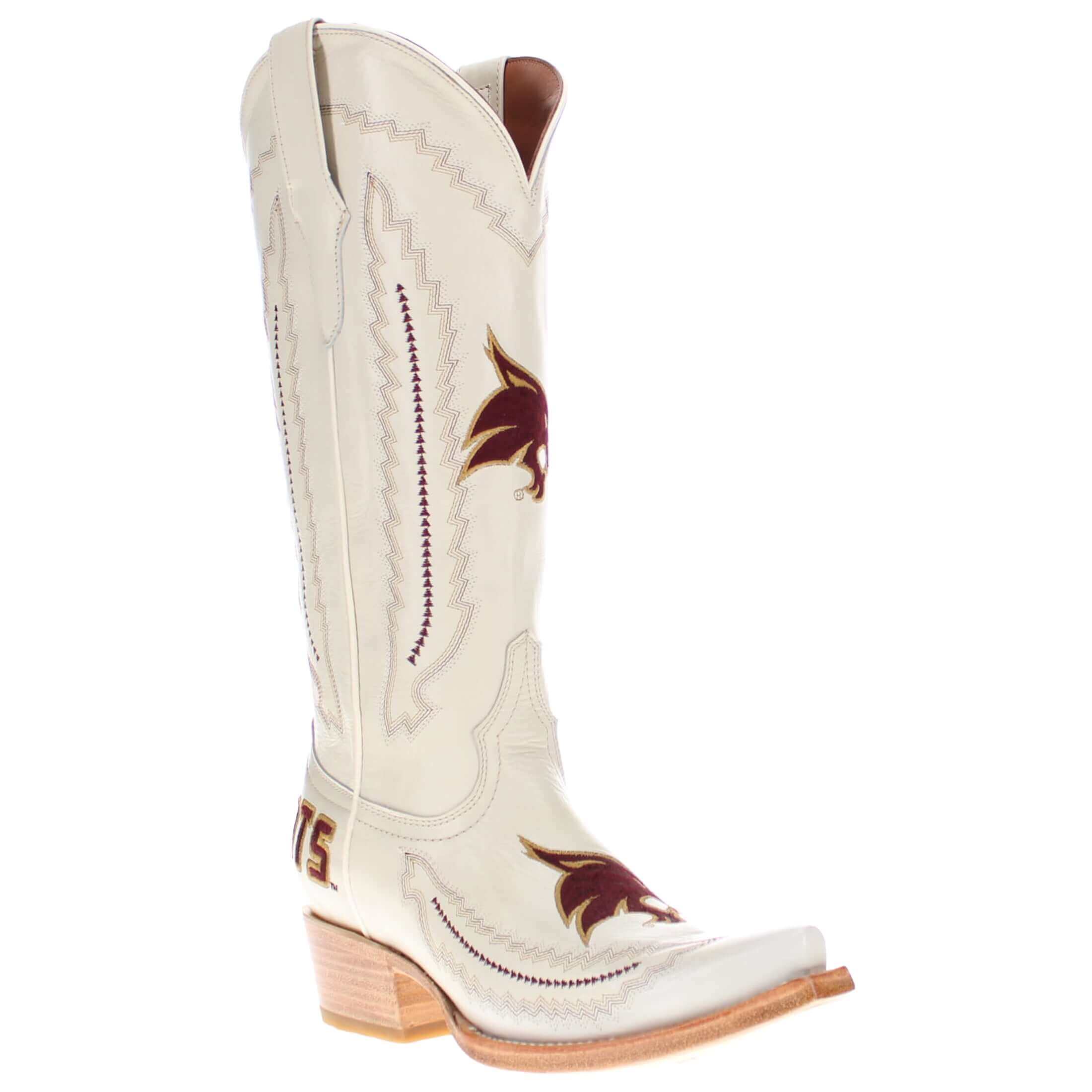 Women's Texas State University Bobcats Bone Leather Snip Toe Cowgirl Boots by Vaccari