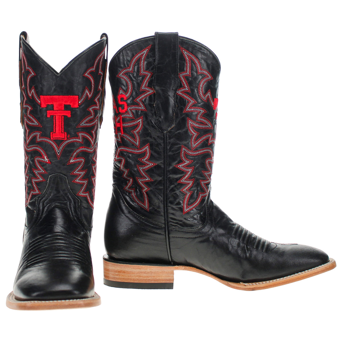 TTM021-BS black cowboy boots with red stitched detailing and leather pull tabs
