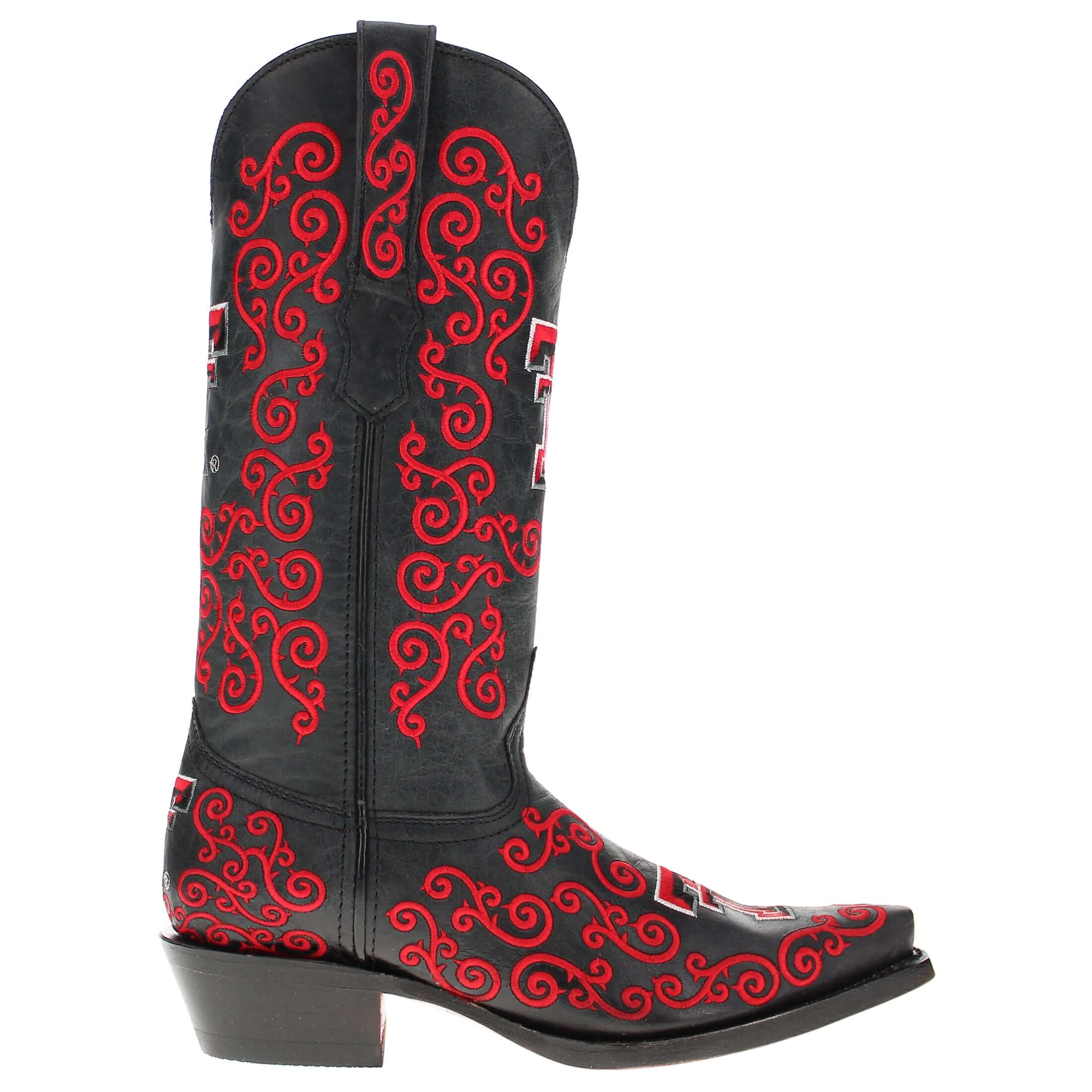 Women's Texas Tech University Red Raiders Cowgirl Boots | Red Scroll Embroidery Black Snip Toe Boots | Officially Licensed | Claire