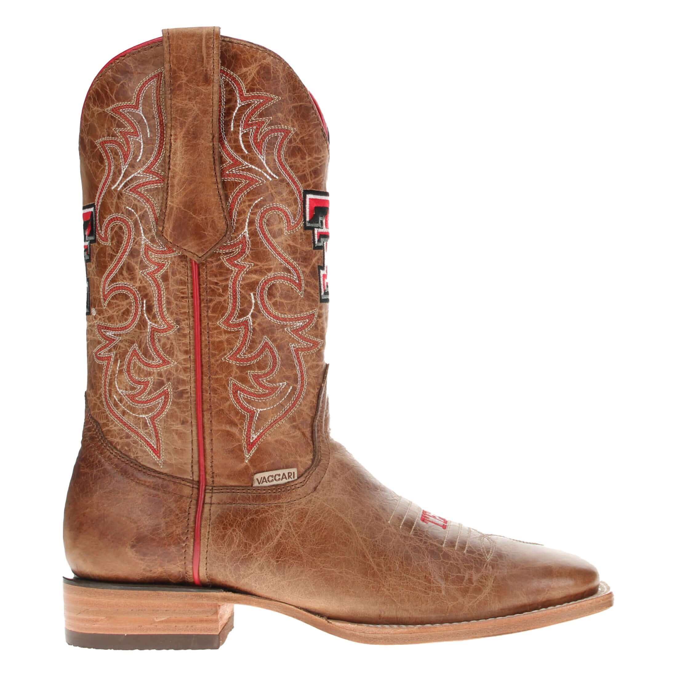 Men's Texas Tech Red Raiders Tan Leather Square Toe Cowboy Boots by Vaccari