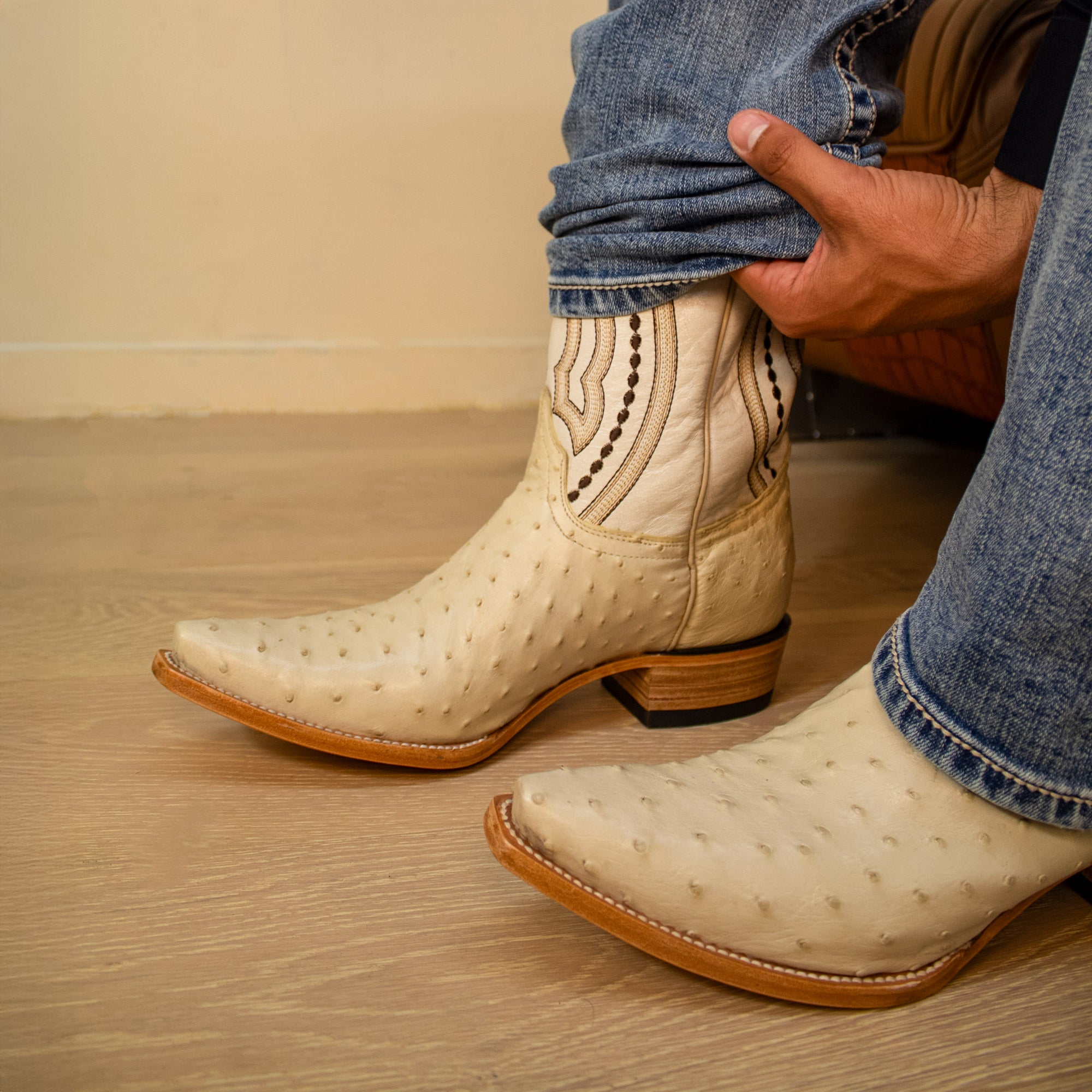 Men's White Ostrich Cowboy Boots Theo by Vaccari Core