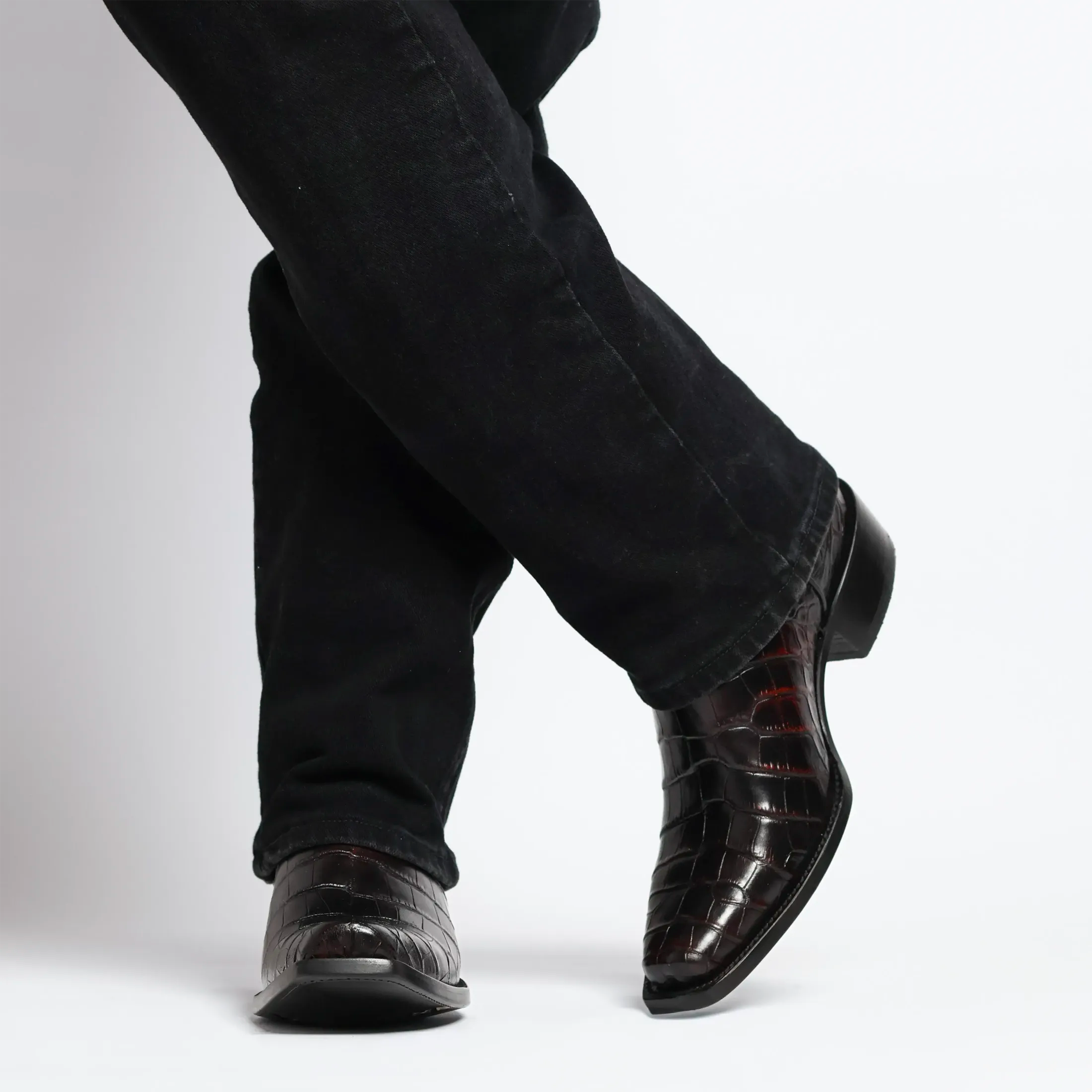 Black Cherry American alligator belly cowboy boots with a caiman texture