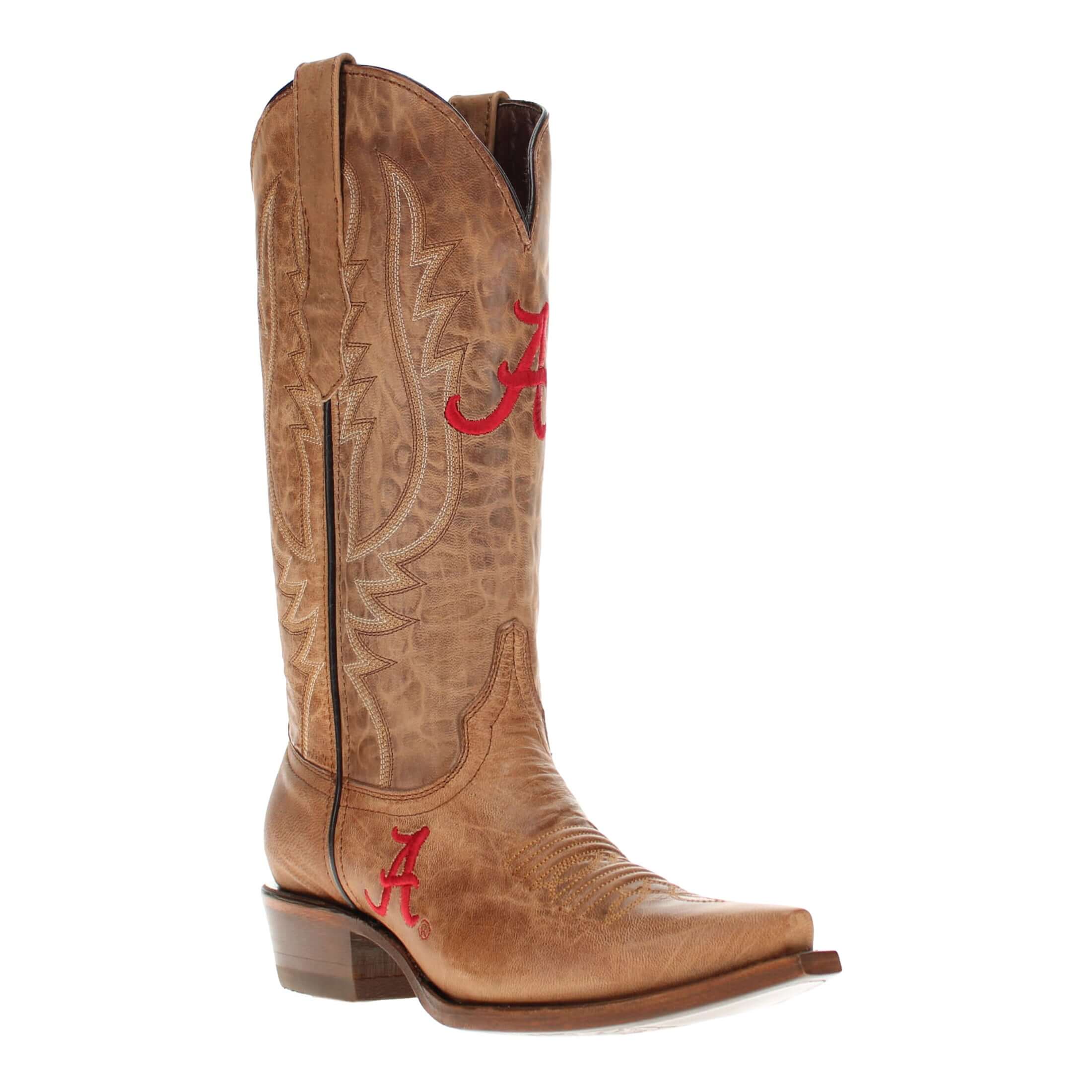 Women's University of Alabama Crimson Tide Tan Leather Snip Toe Cowgirl Boots by Vaccari