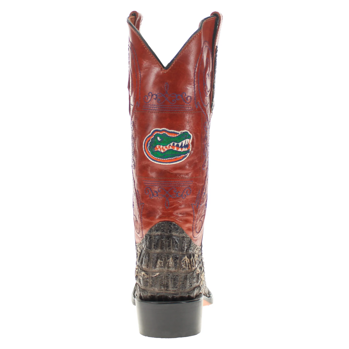 Gunner cowboy boot back view, red upper with embroidered patches and textured heel