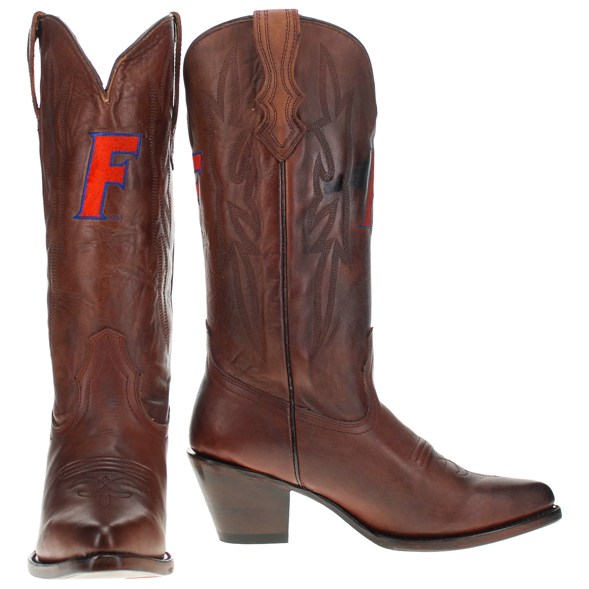 Pair of brown cowboy boots with red-and-blue letter patches and pointed toes