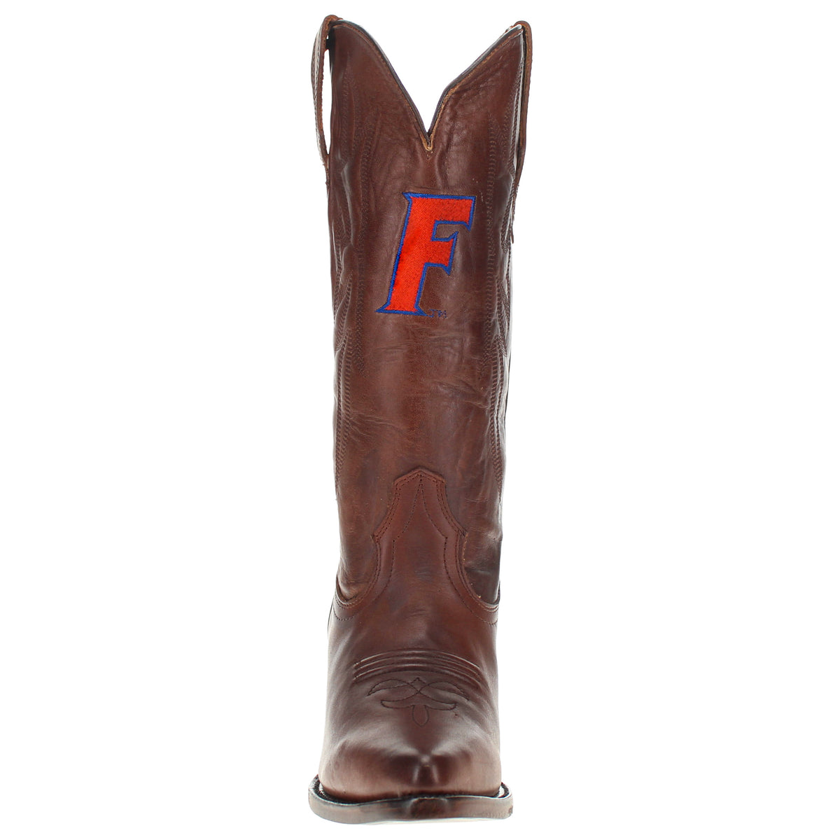 Brown cowboy boots with red-and-blue letter patch on front shaft, front view
