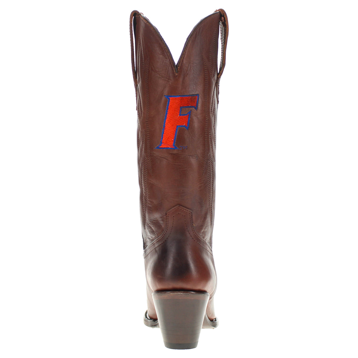 Brown cowboy boots with stacked heel and pointed toe, rear view