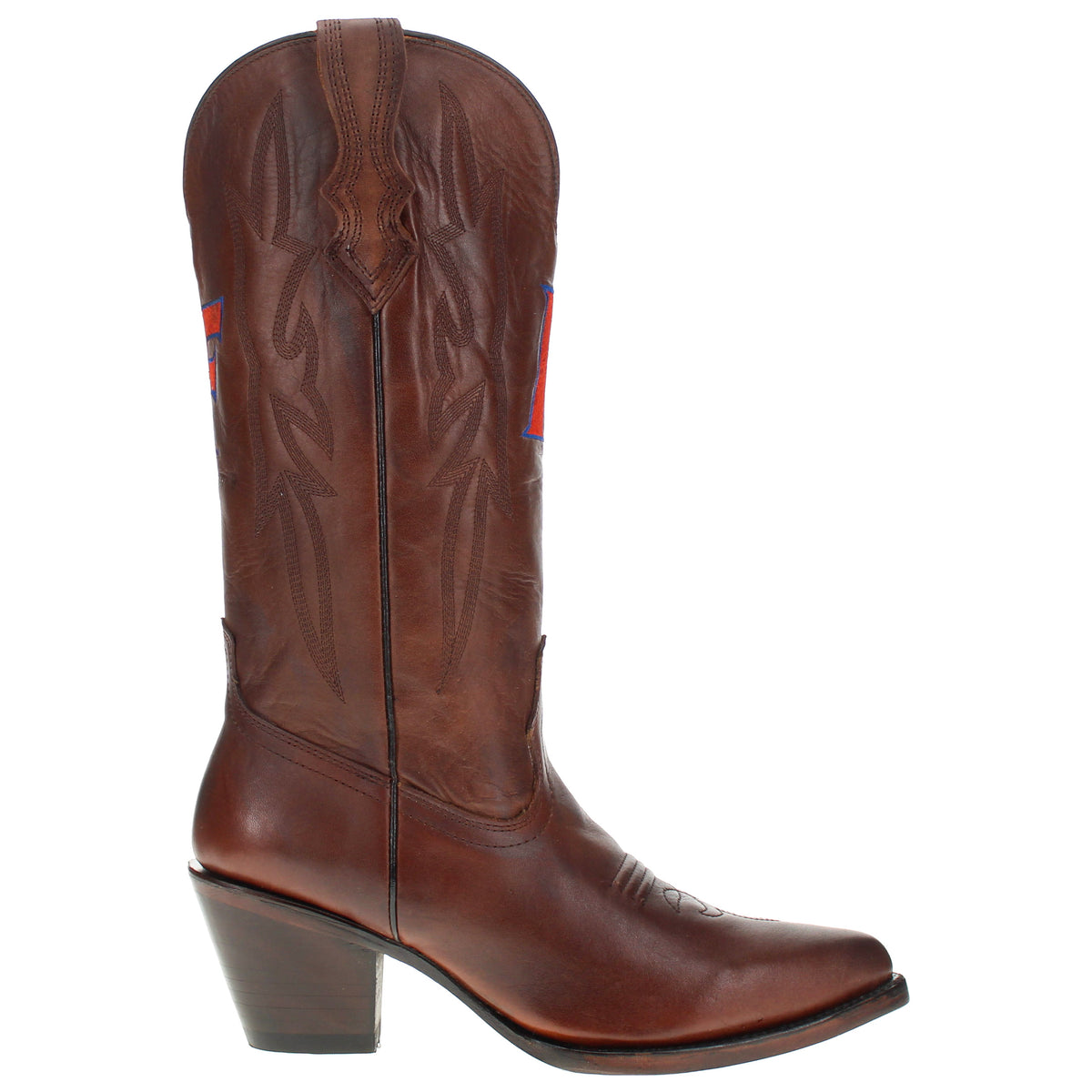 Brown cowboy boot back view with stitched panel and embossed pattern on shaft