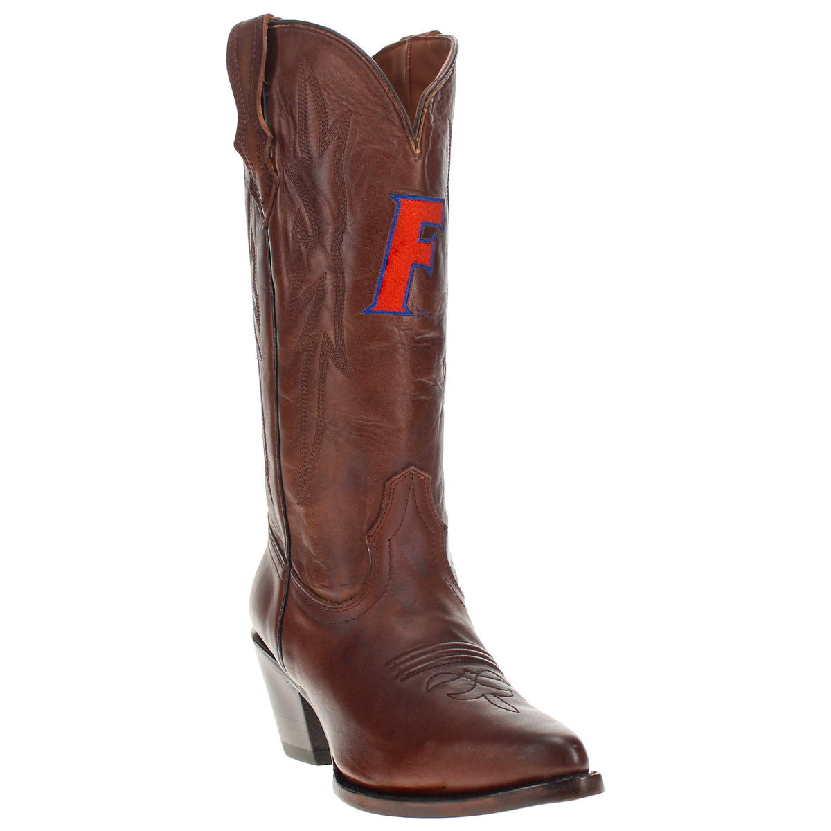 Brown leather cowboy boots with pointed toe and red-and-blue letter patch