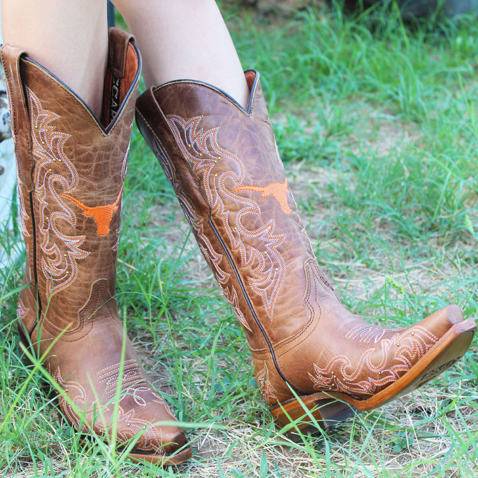 Women's University of Texas Longhorns Cowgirl Boots | Gold studs Tan Snip Toe Boots | Officially Licensed | Annie
