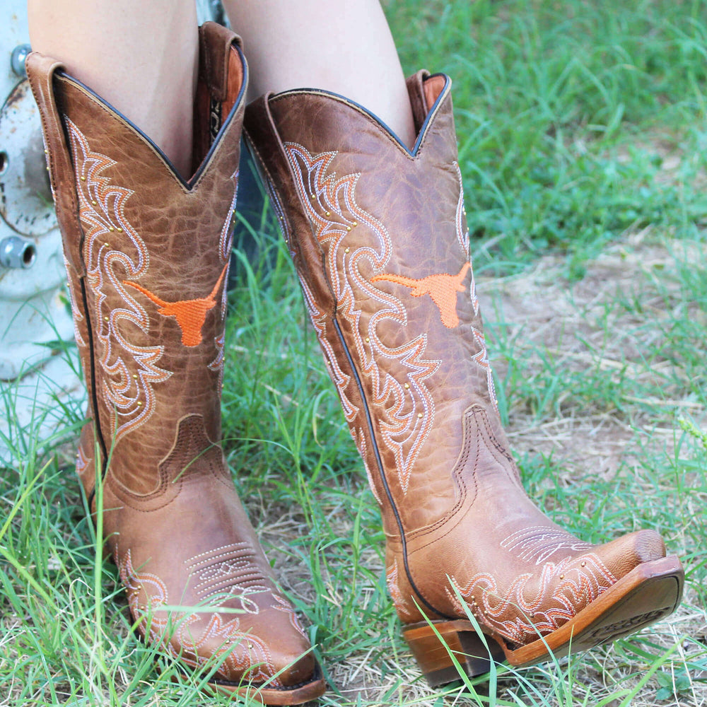 Women's University of Texas Longhorns Cowgirl Boots | Gold studs Tan Snip Toe Boots | Officially Licensed | Annie