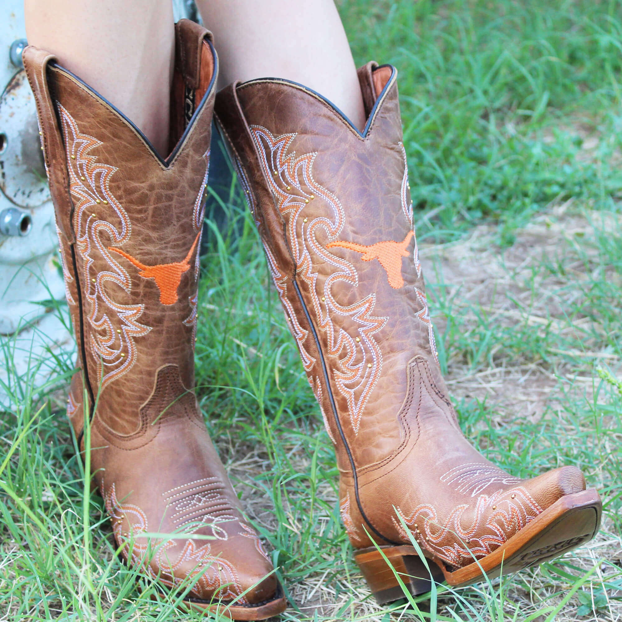 Women's University of Texas Longhorns Cowgirl Boots | Gold studs Tan Snip Toe Boots | Officially Licensed | Annie