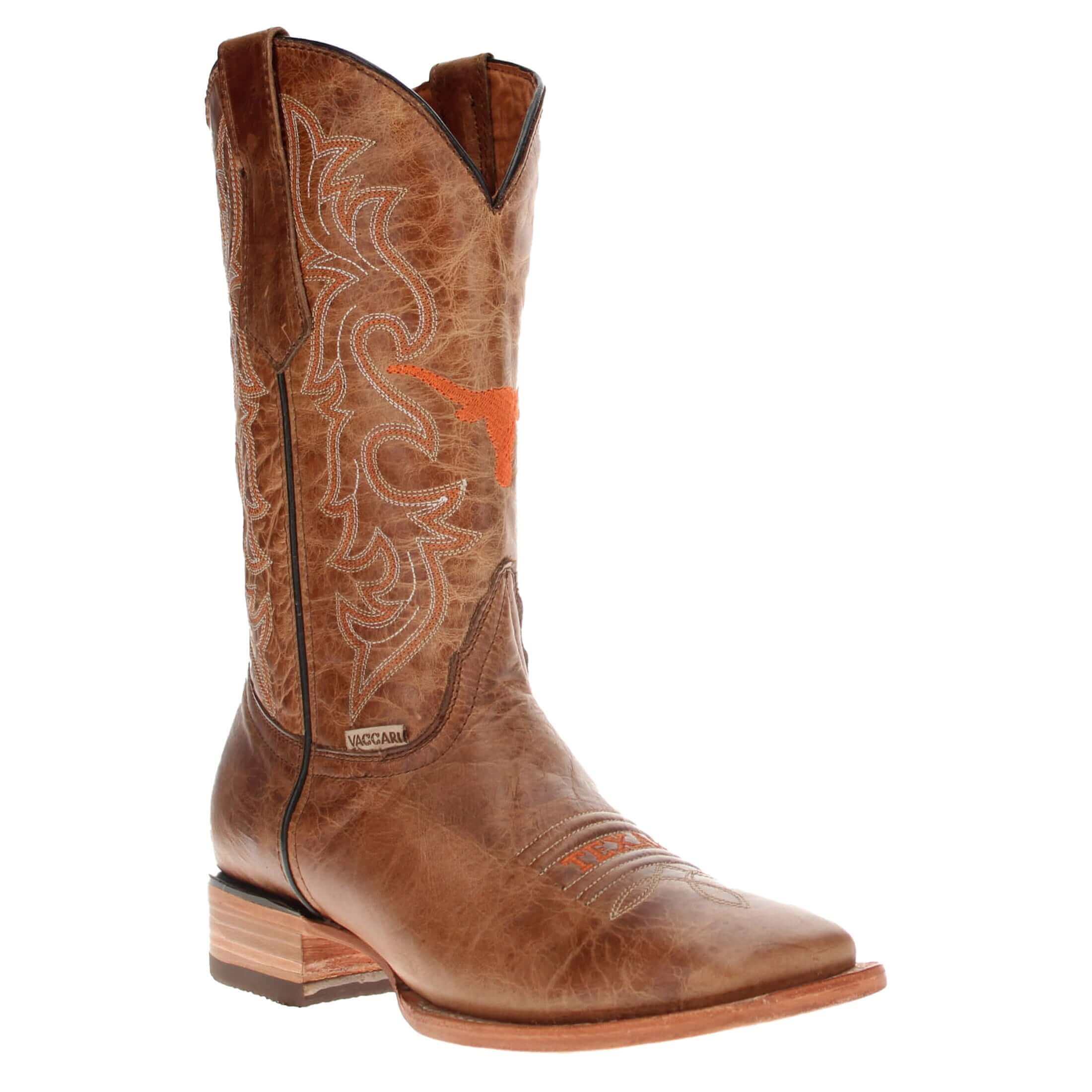 Men's University of Texas Longhorns Tan Leather Square Toe Cowboy Boots by Vaccari