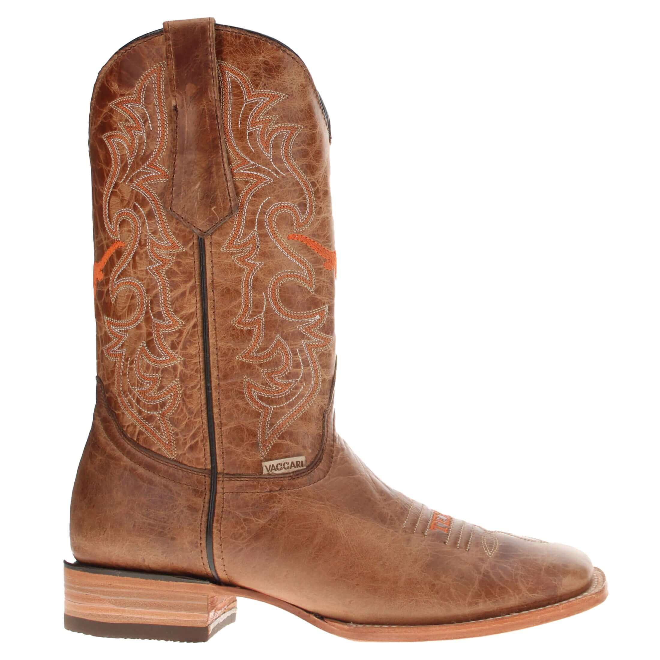 Men's University of Texas Longhorns Tan Leather Square Toe Cowboy Boots by Vaccari