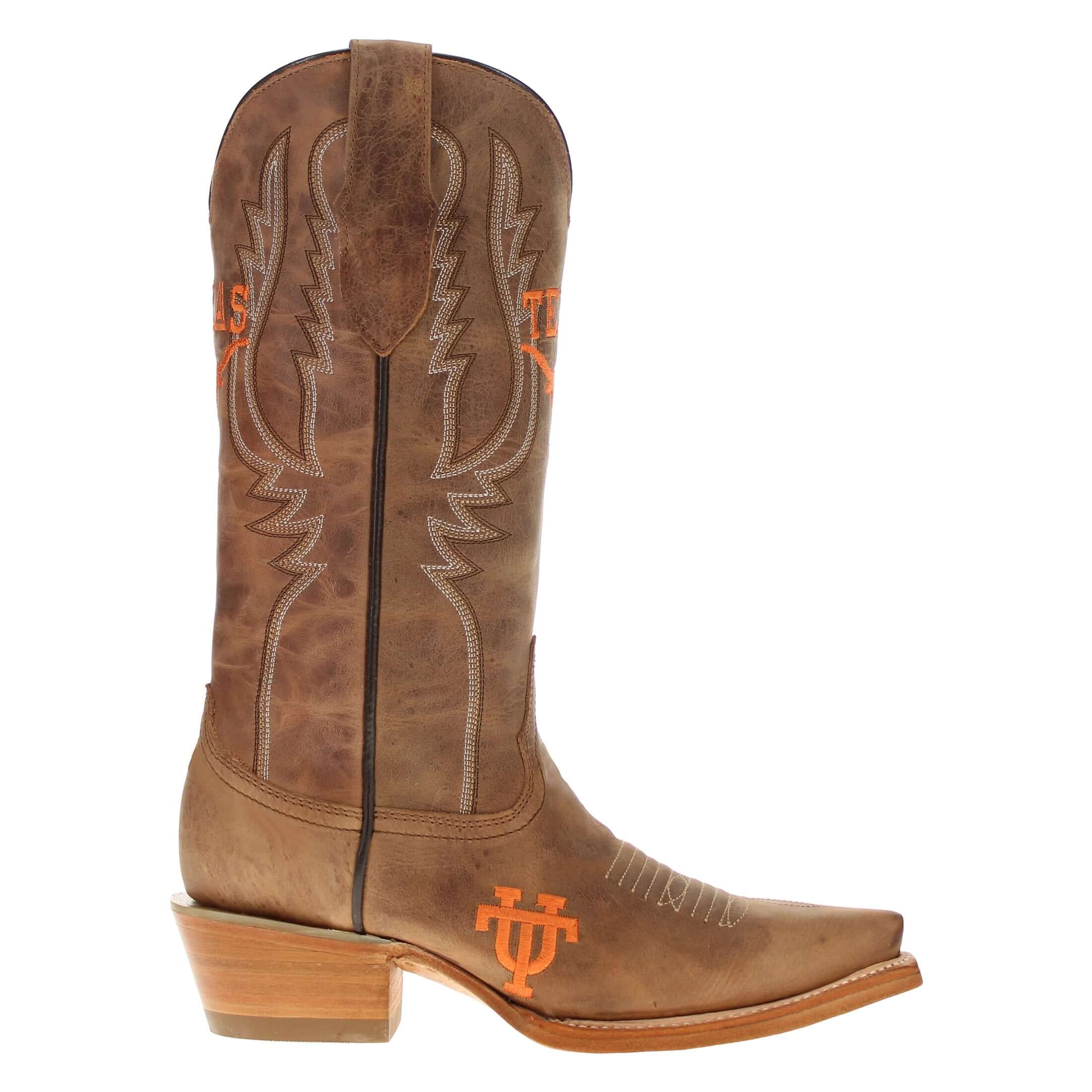 Women's University of Texas Longhorns Tan Leather Snip Toe Cowgirl Boots by Vaccari