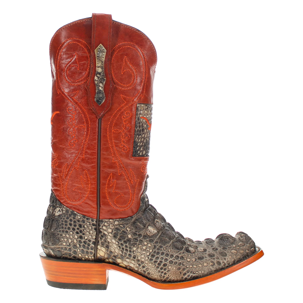 Western cowboy boot with orange-red shaft and dark reptile-pattern toe and heel