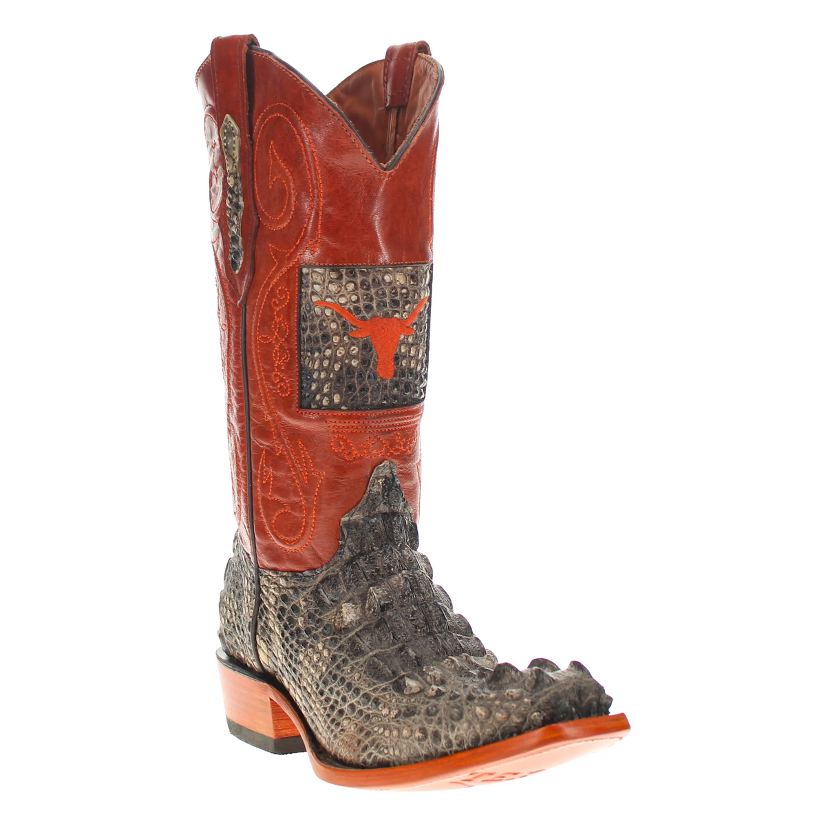 Western cowboy boot with orange-red upper and dark reptile-pattern foot