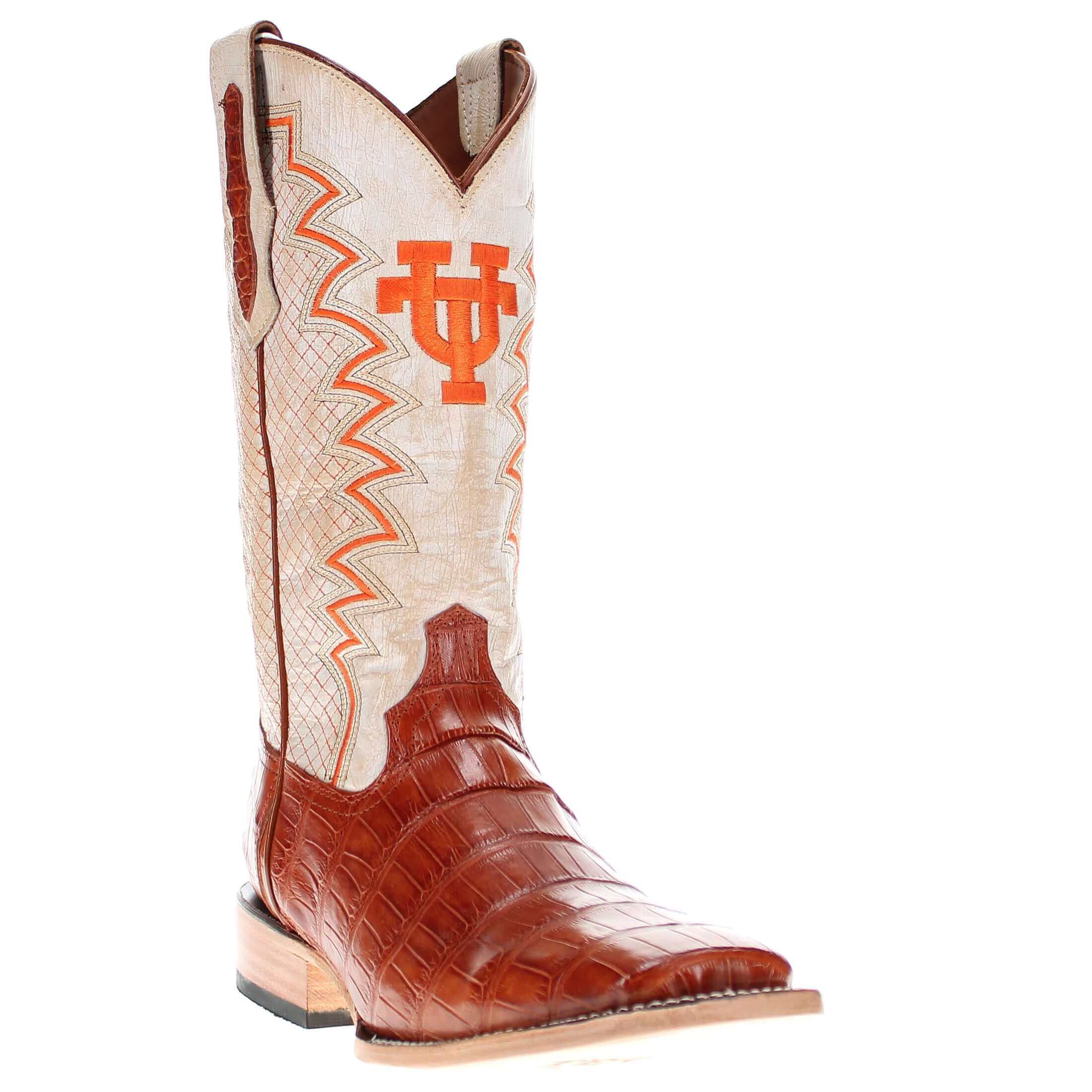 Men's University of Texas Longhorns Cowboy Boots | UT Cognac Square Toe American Alligator Boots | Officially Licensed | Parker