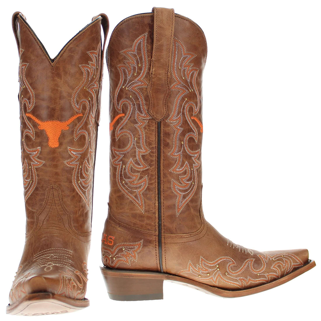 Women's University of Texas Longhorns Cowgirl Boots | Gold studs Tan Snip Toe Boots | Officially Licensed | Annie