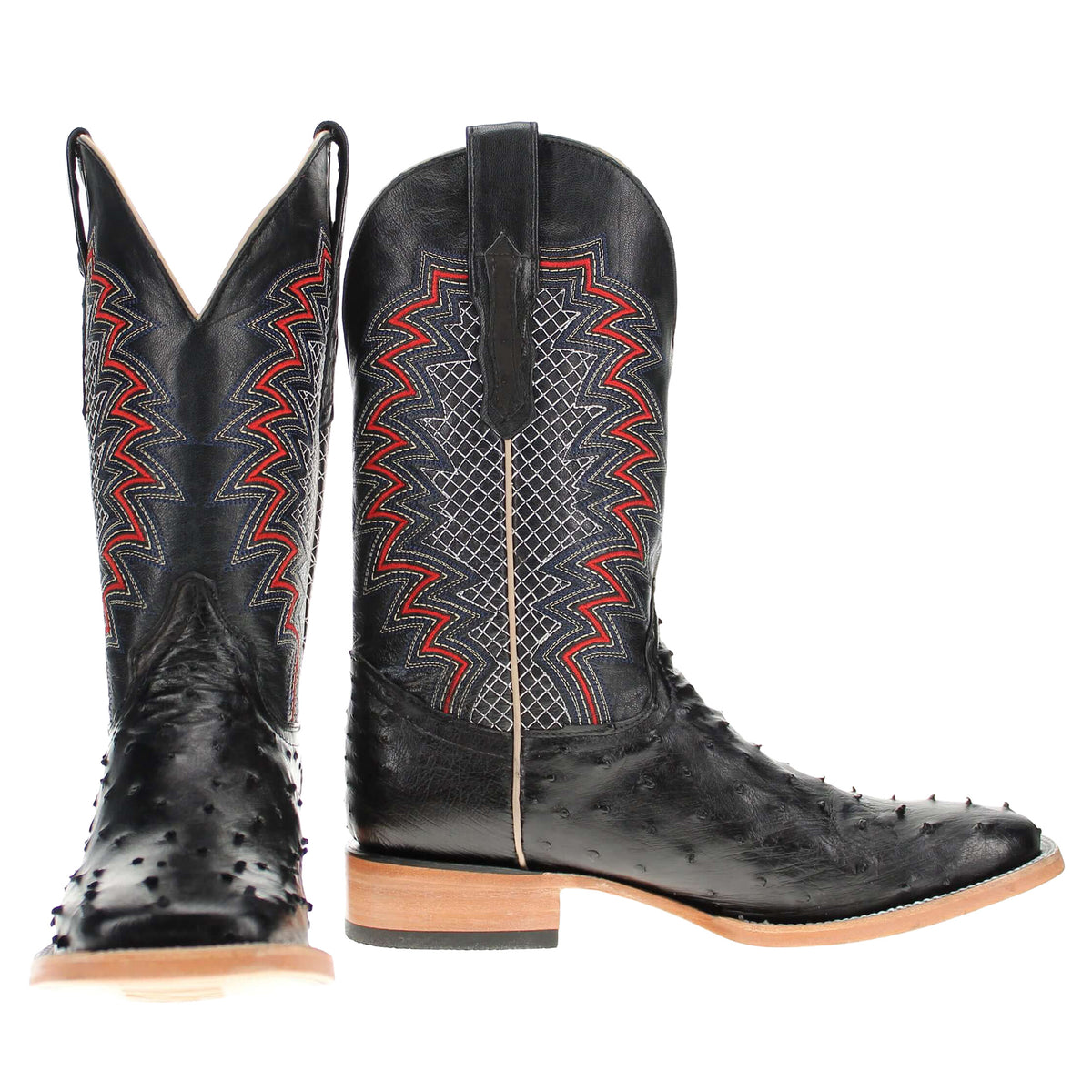 Mens Vaccari Black Full Quill Ostrich Broad Square Toe Boots