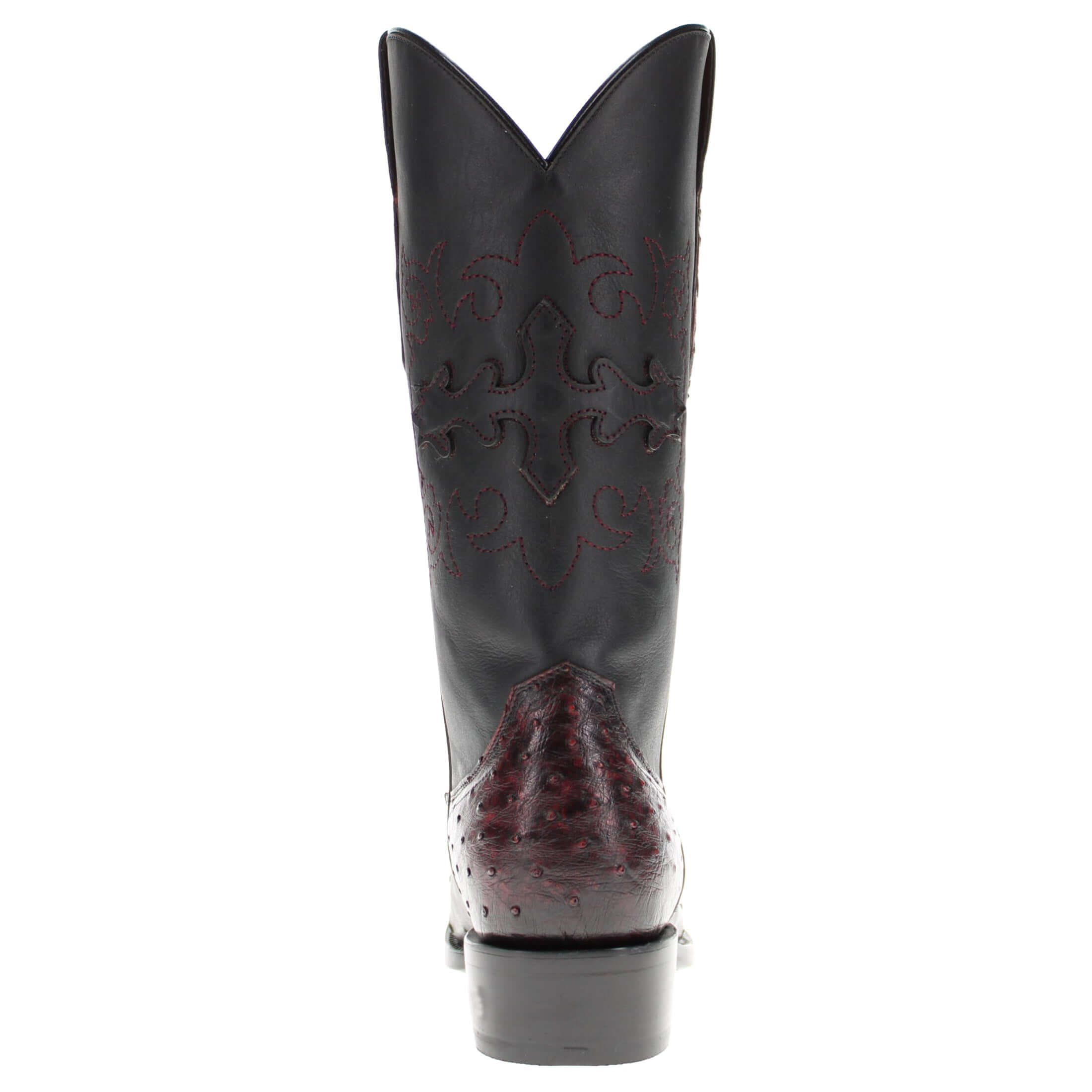 Mens black cherry leather western boots with narrow square toe and decorative stitching, featuring full-quill ostrich leather on the foot for added texture.