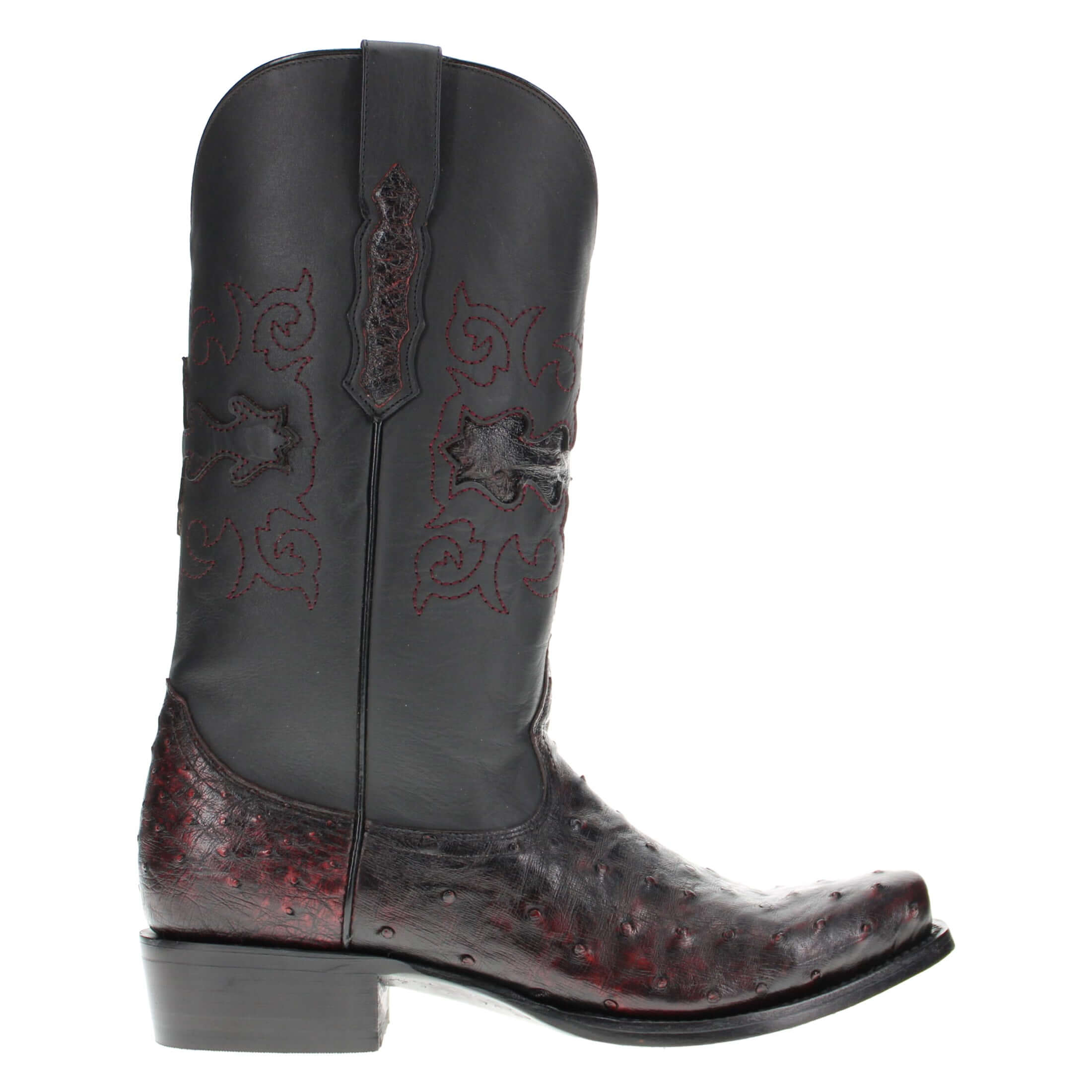 Mens black cherry leather western boots with narrow square toe and decorative stitching, featuring full-quill ostrich leather on the foot for added texture.