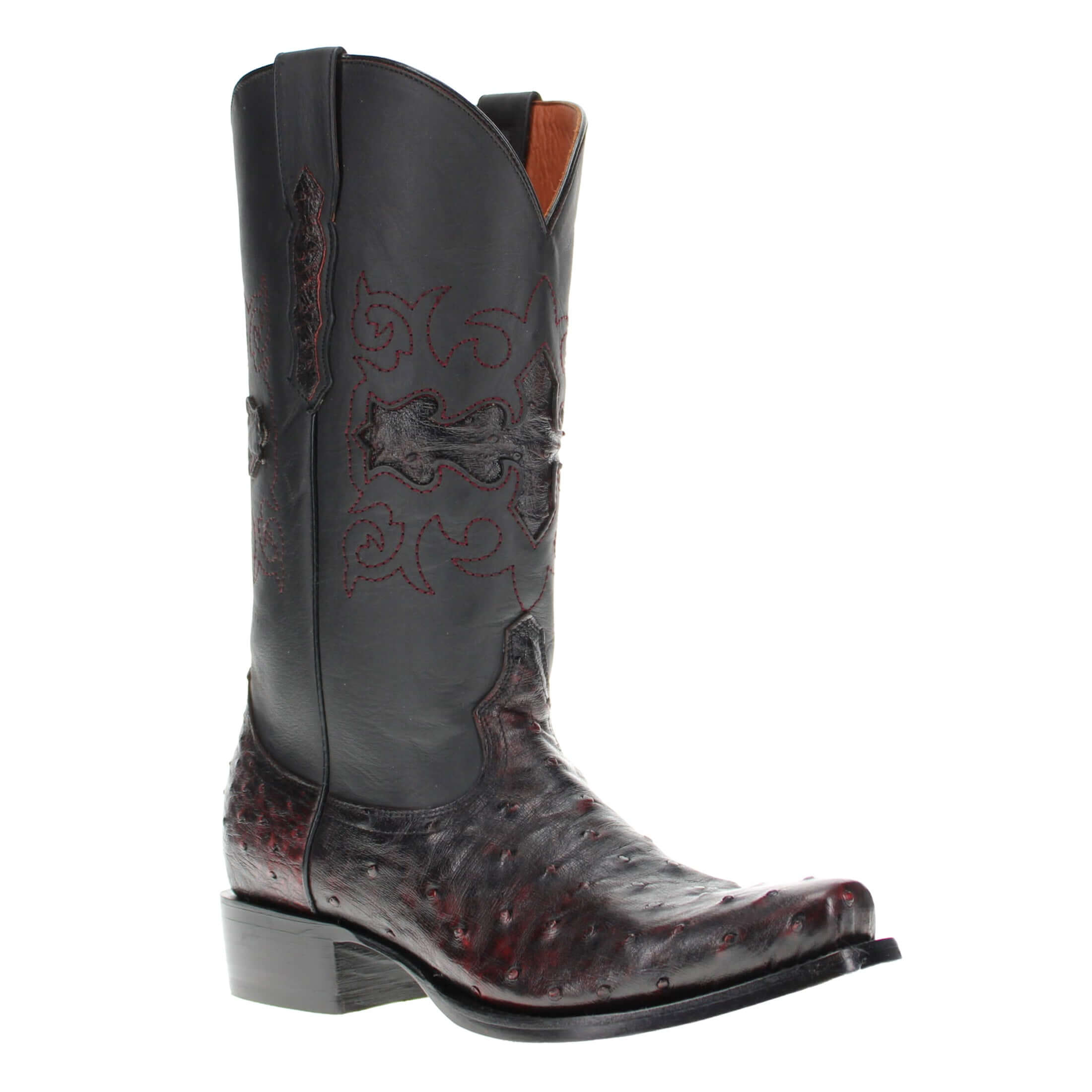 Mens black cherry leather western boots with narrow square toe and decorative stitching, featuring full-quill ostrich leather on the foot for added texture.