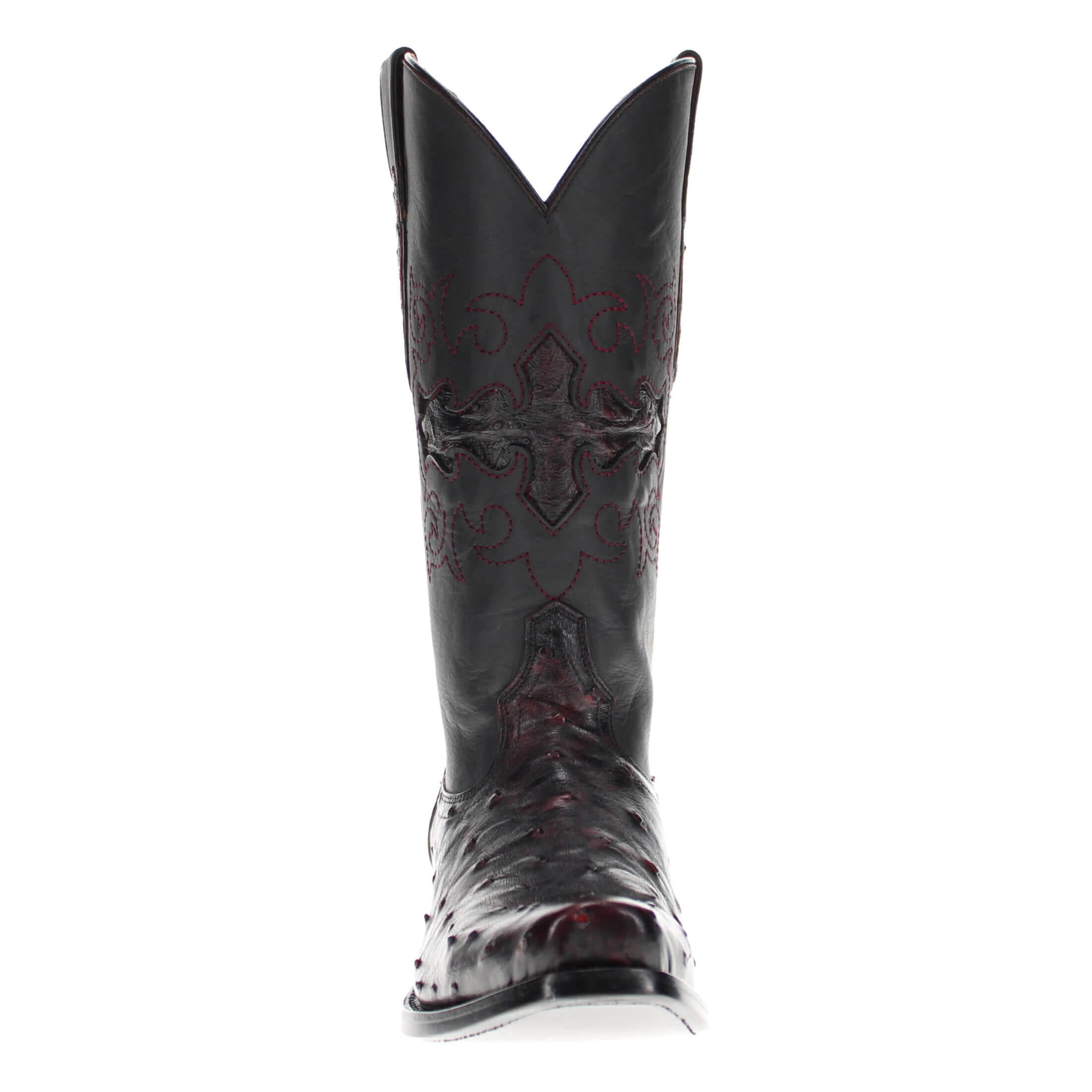 Mens black cherry leather western boots with narrow square toe and decorative stitching, featuring full-quill ostrich leather on the foot for added texture.