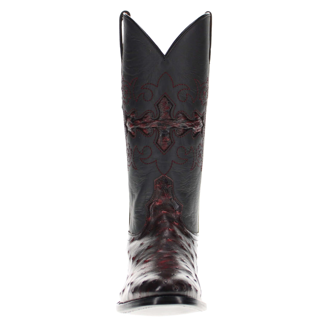 Mens black leather western boots with round toe and decorative stitching, featuring full-quill ostrich leather on the foot for added texture.