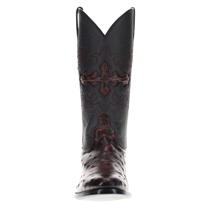 Mens black leather western boots with round toe and decorative stitching, featuring full-quill ostrich leather on the foot for added texture.