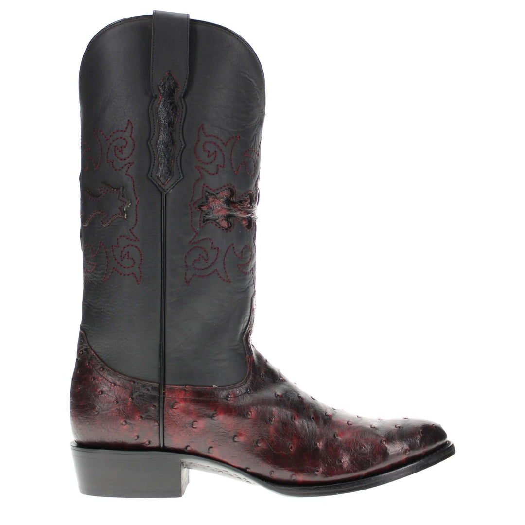 Mens black leather western boots with round toe and decorative stitching, featuring full-quill ostrich leather on the foot for added texture.